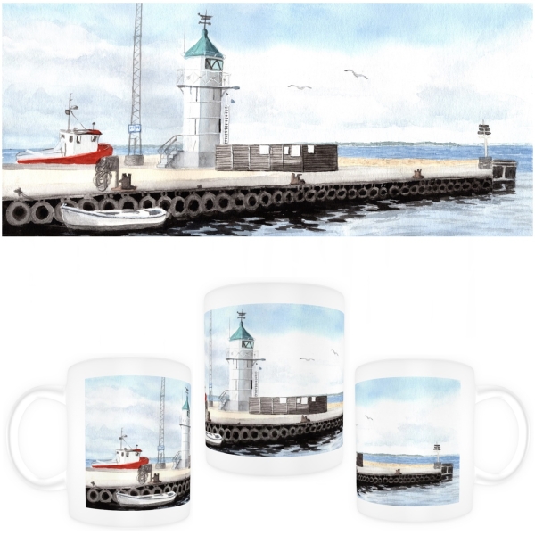 Tasse Becher Kaffeebecher Aquarell Maritim Kunst Druck Kunstdruck  Dänemark Danmark  Aaro - Aro - Arø - Aarø 1- Leuchtturm im Hafen