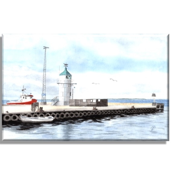 Leinwand 30 x 20 cm Keilrahmen Canvas-Leinen Aquarell Maritim Kunst Druck Kunstdruck  Dänemark Danmark  Aaro - Aro - Arø - Aarø 1- Leuchtturm im Hafen
