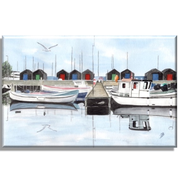 Stretcher frame canvas 30 x 20 cm linen watercolor maritime art print art print  Denmark Danmark Aaro - Aro - Arø - Aarø 2 - Boats in the harbour