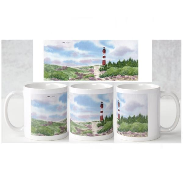 Tasse Becher Kaffeebecher Aquarell Maritim Kunst Druck Kunstdruck Nordsee Amrum Leuchtturm Insel