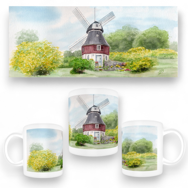 Tasse Becher Kaffeebecher Aquarell Maritim Kunst Druck Kunstdruck Nordsee Amrum Insel Amrum10 - Mühle Bertha