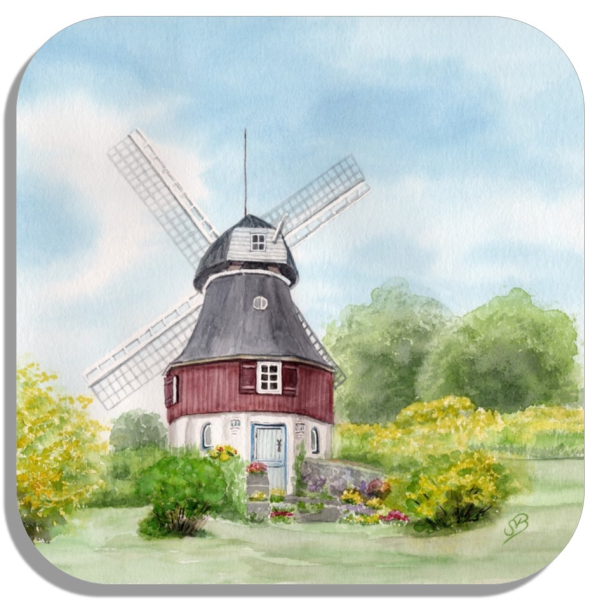Untersetzer Glasuntersetzer 9,5 x 9,5 cm Aquarell Maritim Kunst Druck Kunstdruck Nordsee Amrum Insel Amrum10 - Mühle Bertha