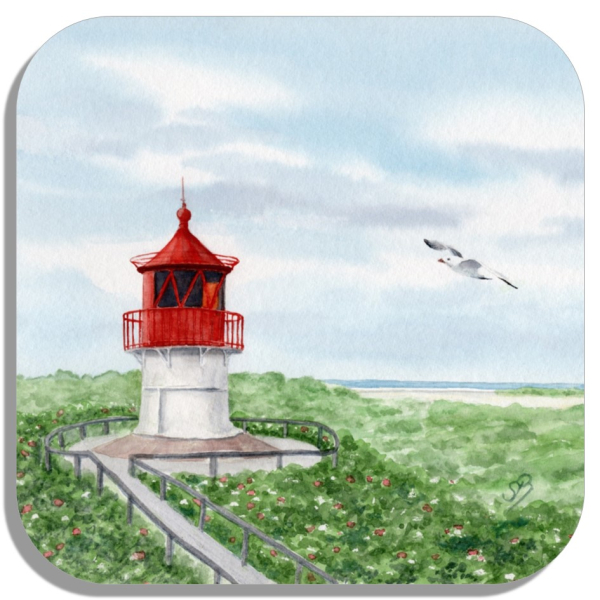 Untersetzer Glasuntersetzer 9,5 x 9,5 cm Aquarell Maritim Kunst Druck Kunstdruck Nordsee Amrum  Seezeichen  Quermarkenfeuer Sonnenuntergang - Amrum