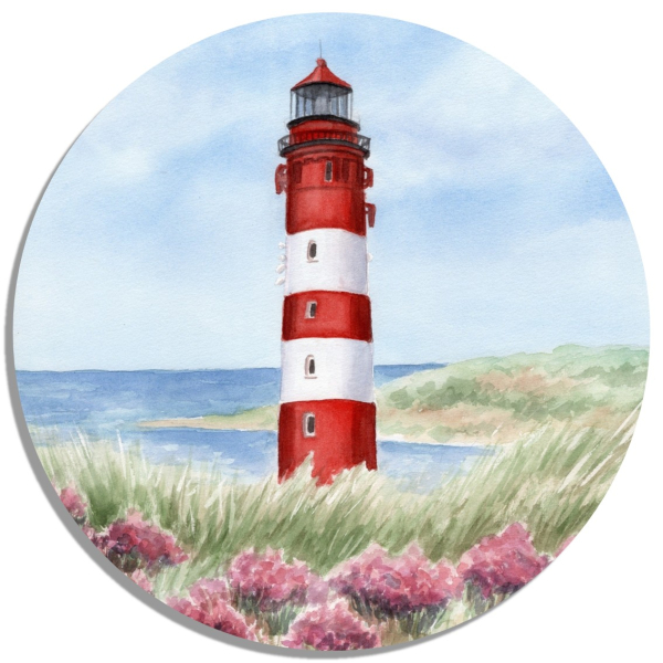 Untersetzer Glasuntersetzer rund 9,5 cm Aquarell Maritim Kunst Druck Kunstdruck Nordsee Amrum Leuchtturm Insel