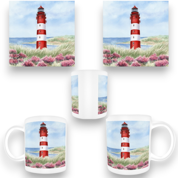 Tasse Becher Kaffeebecher Aquarell Maritim Kunst Druck Kunstdruck Nordsee Amrum Leuchtturm Insel