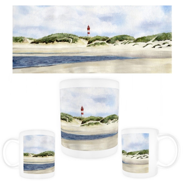 Tasse Becher Kaffeebecher Aquarell Maritim Kunst Druck Kunstdruck Nordsee Amrum Leuchtturm Insel