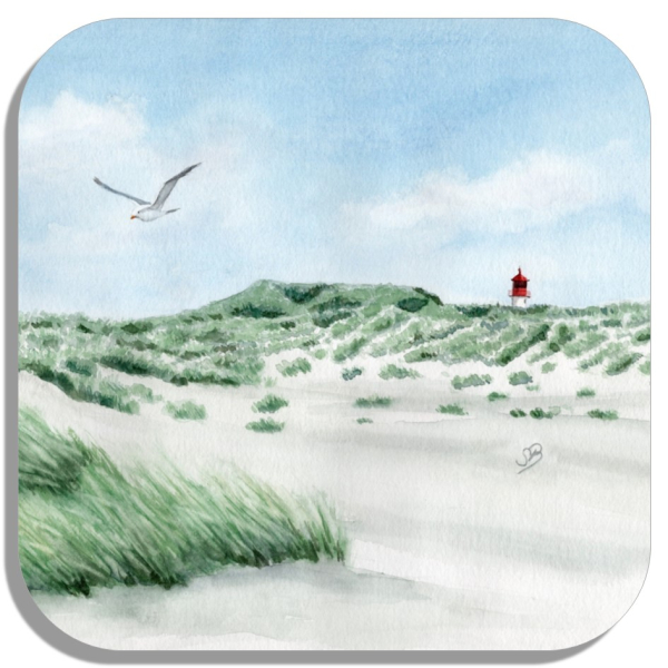 Untersetzer Glasuntersetzer 9,5 x 9,5 cm Aquarell Maritim Kunst Druck Kunstdruck Nordsee Amrum  Seezeichen  Quermarkenfeuer Sonnenuntergang - Kniepsand - Amrum9