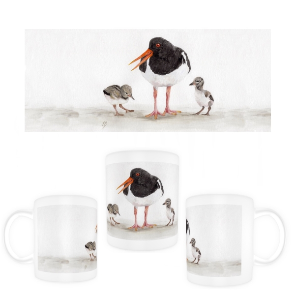 Tasse Becher Kaffeebecher Aquarell Kunst Druck Kunstdruck Vogel Austernfischer Nordsee Austernfischerkücken Kücken