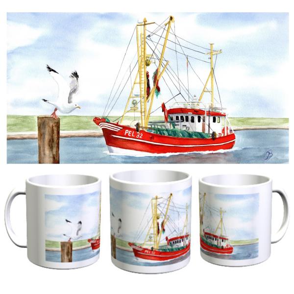 Cup Coffee Cup Mug Watercolor Maritime Art Print Denmark North Sea Baltic Sea Fishing boat  fisherboat cutter Seagulls
