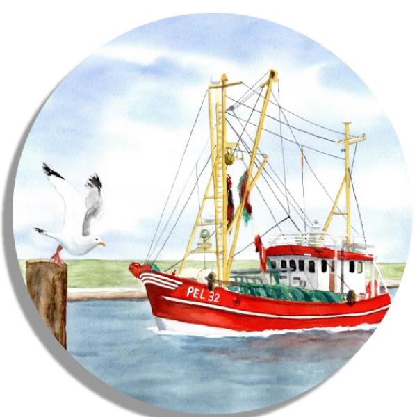 Coasters glass coasters 9,5 x  9,5 cm  Watercolor Maritime Art Print Denmark North Sea Baltic Sea Fishing boat  fisherboat cutter Seagulls