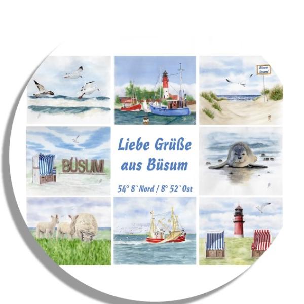 Untersetzer Glasuntersetzer rund 9,5 cm Aquarell Maritim Kunst Druck Kunstdruck Nordsee Büsum Collage Strandkorb Leuchtturm Hafen Strand Meer