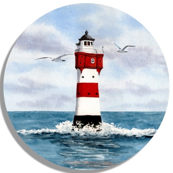 Untersetzer Glasuntersetzer rund 9,5 cm  Aquarell Kunst Druck Kunstdruck Bremerhaven Leuchtturm Roter Sand - BHV2