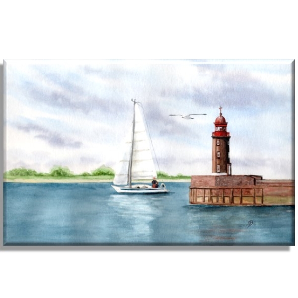 Leinwand 30 x 20 cm Keilrahmen Canvas-Leinen  Aquarell Kunst Druck Kunstdruck Bremerhaven Leuchtturm Nordmole Mole - BHV3