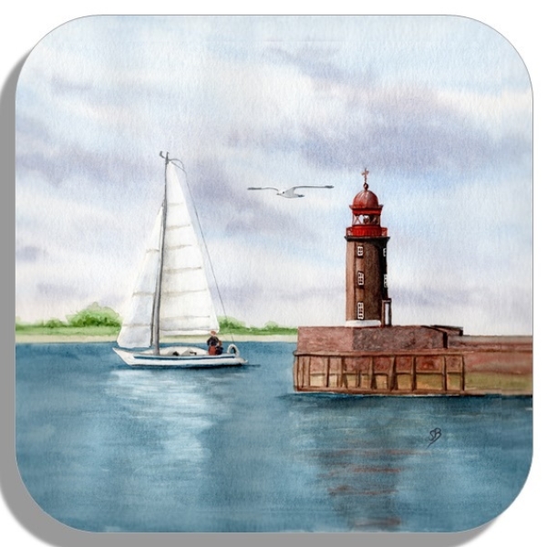 Untersetzer Glasuntersetzer 9,5 x 9,5 cm  Aquarell Kunst Druck Kunstdruck Bremerhaven Leuchtturm Nordmole Mole - BHV3