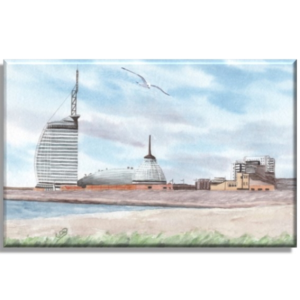 Leinwand 30 x 20 cm Keilrahmen Canvas-Leinen  Aquarell Kunst Druck Kunstdruck Bremerhaven Strandansicht Atlantic Hotel und Klimahaus - BHV5