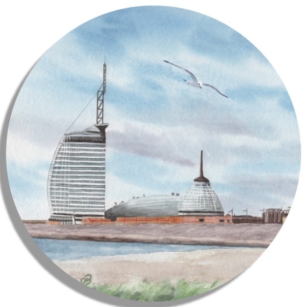 Untersetzer Glasuntersetzer rund 9,5 cm  Aquarell Kunst Druck Kunstdruck Bremerhaven Strandansicht Atlantic Hotel und Klimahaus - BHV5