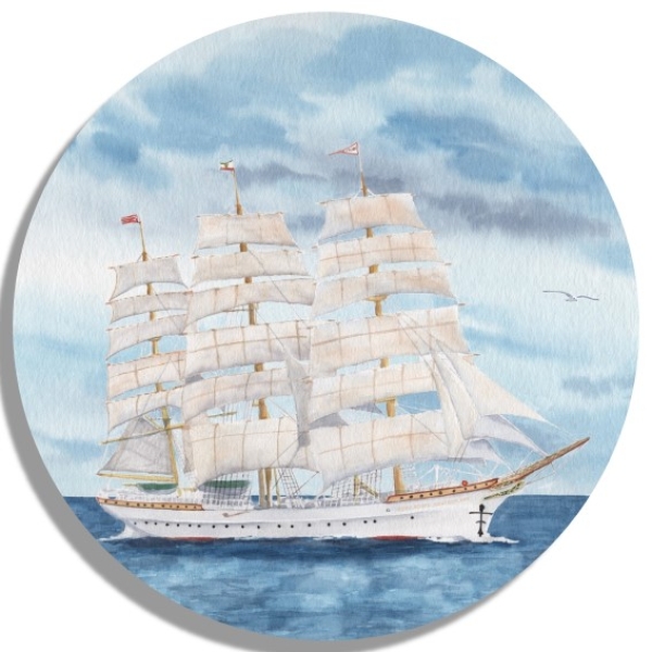 Untersetzer Glasuntersetzer rund 9,5 cm  Aquarell Kunst Druck Kunstdruck Bremerhaven Schulschiff Segelschiff Deutschland - BHV6