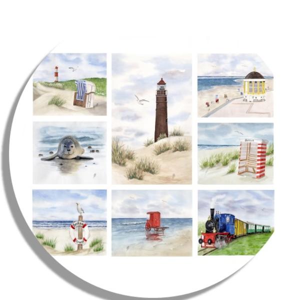 Coasters glass coasters 9,5 x  9,5 cm Watercolor Maritime Art Print North Sea Island Borkum Beach Chair Lighthouse Ocean Dunes