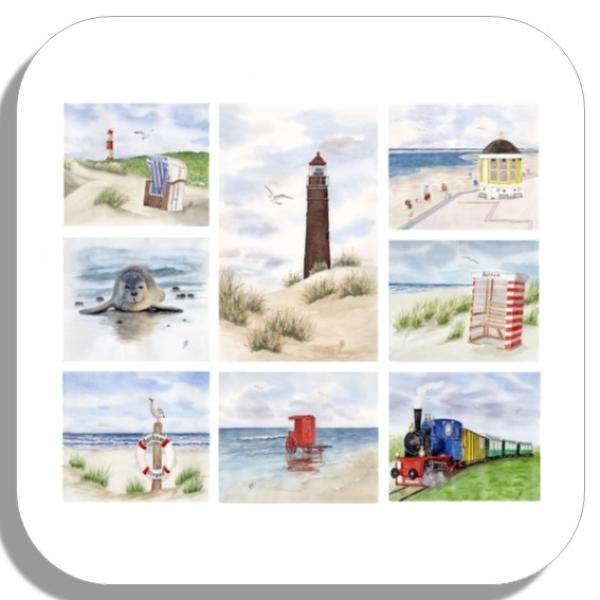 Coasters glass coasters 9,5 x  9,5 cm Watercolor Maritime Art Print North Sea Island Borkum Beach Chair Lighthouse Ocean Dunes
