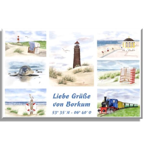 Leinwand 30 x 20 cm Keilrahmen Canvas-Leinen Aquarell Maritim Kunst Druck Kunstdruck Nordsee Strandkorb Leuchtturm Insel Borkum Meer Strand Dünen