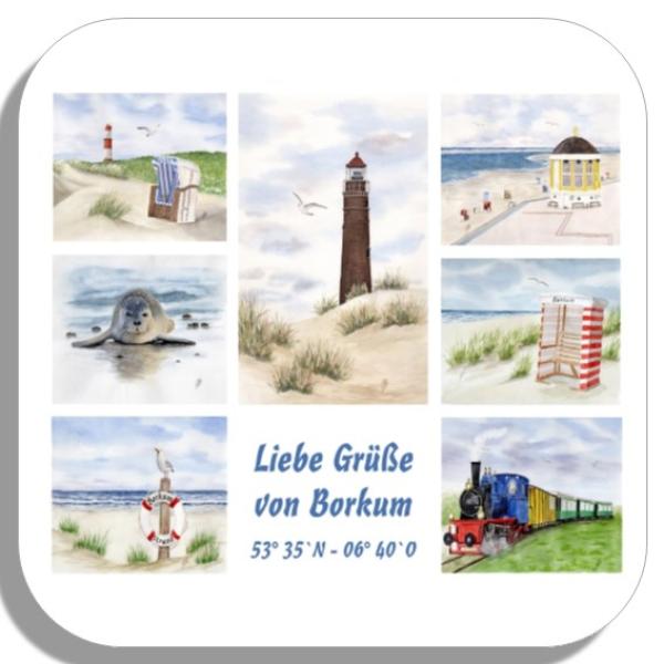 Coasters glass coasters 9,5 x  9,5 cm Watercolor Maritime Art Print North Sea Island Borkum Beach Chair Lighthouse Ocean Dunes