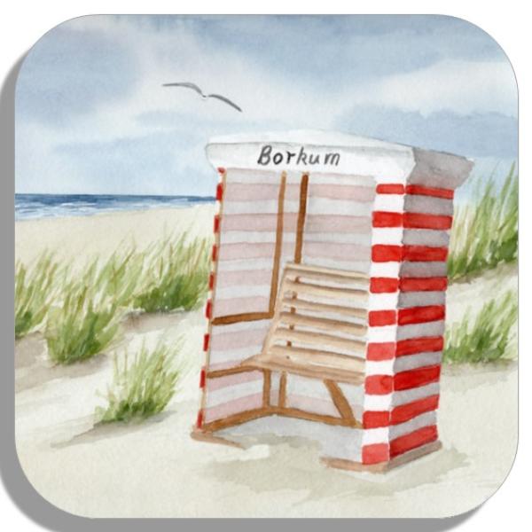 Untersetzer Glasuntersetzer 9,5 x 9,5 cm Aquarell Maritim Kunst Druck Kunstdruck Nordsee Insel Borkum Strandzelt Zelt Strandkorb Strand Meer Dünen