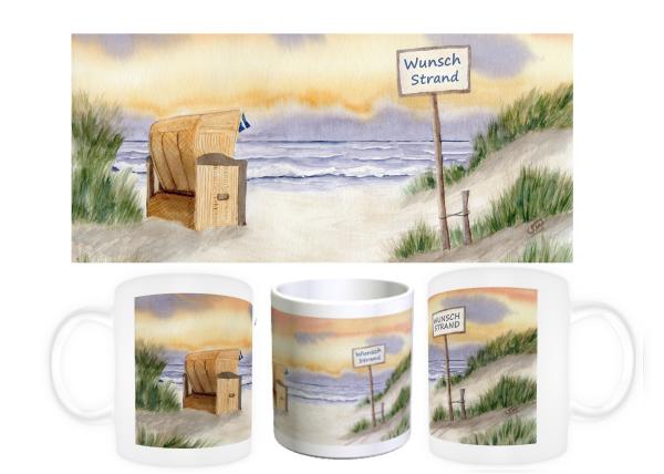 Tasse Becher Kaffeebecher  Aquarell Kunst Druck Kunstdruck Strandkorb Sonnenuntergang Dänemark Nordsee Ostsee Meer Möwe Strand Wunschname