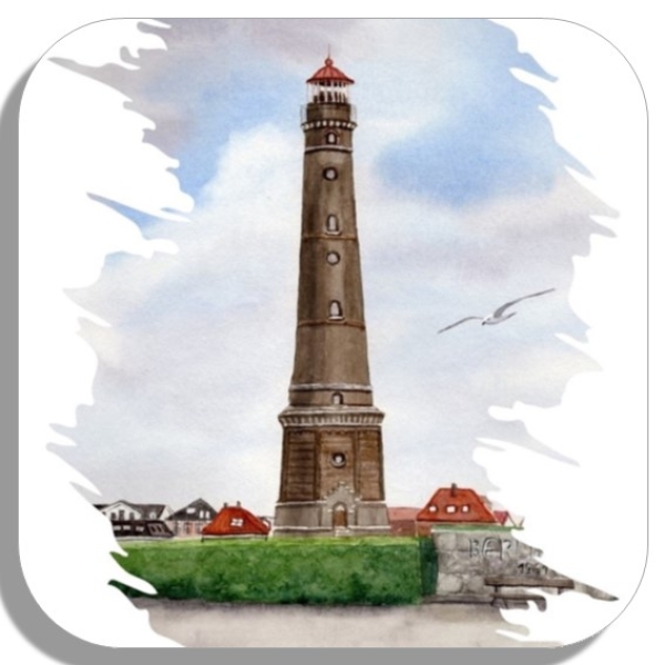 Coasters glass coasters 9,5 x  9,5 cm Watercolor Maritime Art Print North Sea Island Borkum New Lighthouse Beach Ocean Dunes