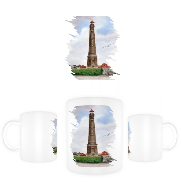 Cup Coffee Cup Mug Watercolor Maritime Art Print North Sea Island Borkum New Lighthouse Beach Ocean Dunes