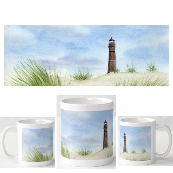 Tasse Becher Kaffeebecher Aquarell Maritim Kunst Druck Kunstdruck Nordsee Insel Borkum Neuer Leuchtturm Strand Meer Dünen