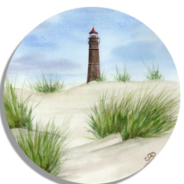 Untersetzer Glasuntersetzer rund 9,5 cm Aquarell Maritim Kunst Druck Kunstdruck Nordsee Insel Borkum Neuer Leuchtturm Strand Meer Dünen