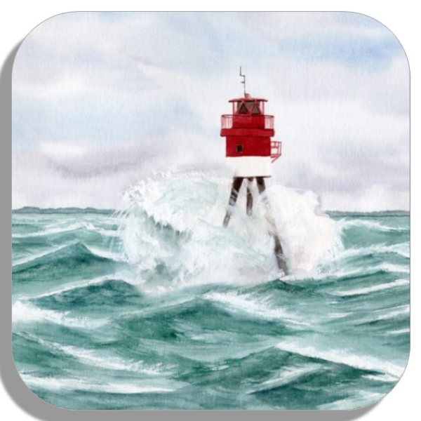 Untersetzer Glasuntersetzer 9,5 x 9,5 cm Aquarell Maritim Kunst Druck Kunstdruck Nordsee Insel Borkum18 Fischerbalje Bake Leuchtfeuer