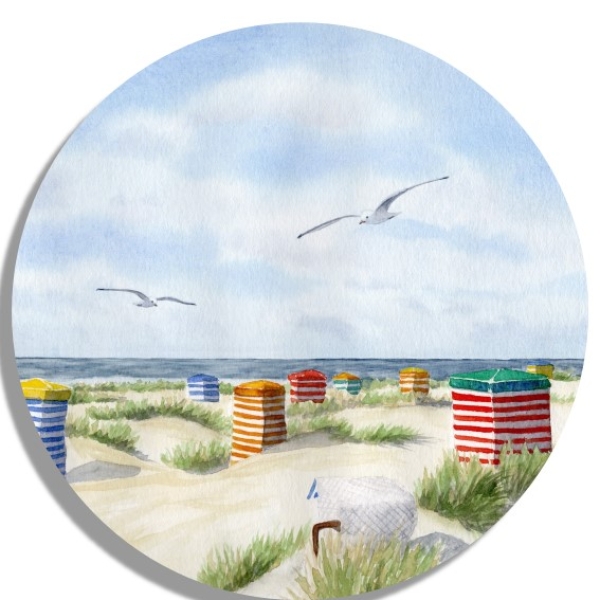 Untersetzer Glasuntersetzer rund 9,5 cm Aquarell Maritim Kunst Druck Kunstdruck Nordsee Insel Borkum Strandzelt Zelt Strandkorb Strand Meer Dünen