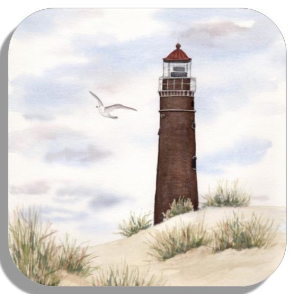 Untersetzer Glasuntersetzer 9,5 x 9,5 cm Aquarell Maritim Kunst Druck Kunstdruck Nordsee Insel Borkum Neuer Leuchtturm Strand Meer Dünen