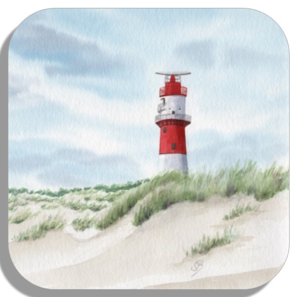Untersetzer Glasuntersetzer 9,5 x 9,5 cm Aquarell Maritim Kunst Druck Kunstdruck Nordsee Insel Borkum elektrischer Leuchtturm und rote Badekarre am Strand - BO20A