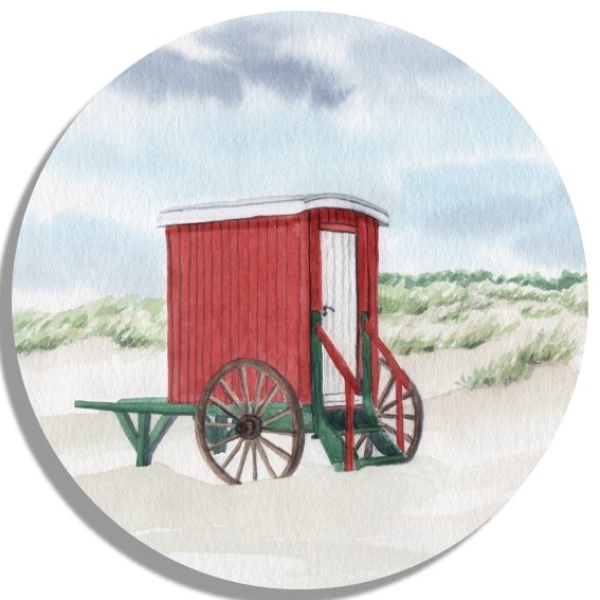 Coasters glass coasters 9,5 x  9,5 cm Watercolor Maritime Art Print North Sea Island Borkum Borkum electric lighthouse and red bathing cart on the beach - BO20B around
