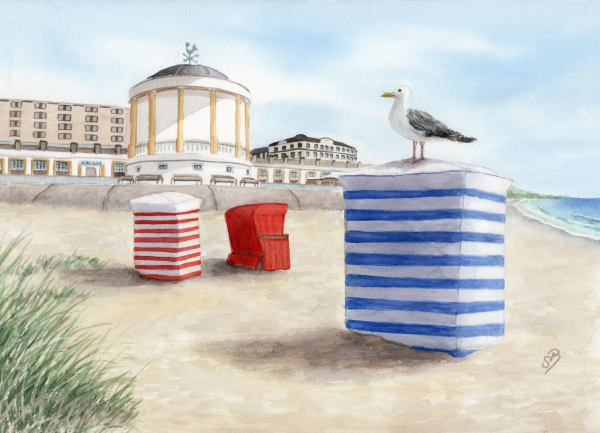 Postkarte DIN-A5  Aquarell Maritim Kunst Druck Kunstdruck Nordsee Pavillon Musikpavillon Insel Borkum Meer Strand