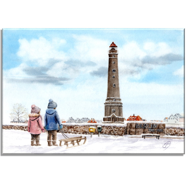 Leinwand 30 x 20 cm Keilrahmen Canvas-Leinen Aquarell Maritim Kunst Druck Kunstdruck Nordsee Insel Borkum Neuer Leuchtturm Strand Meer Dünen