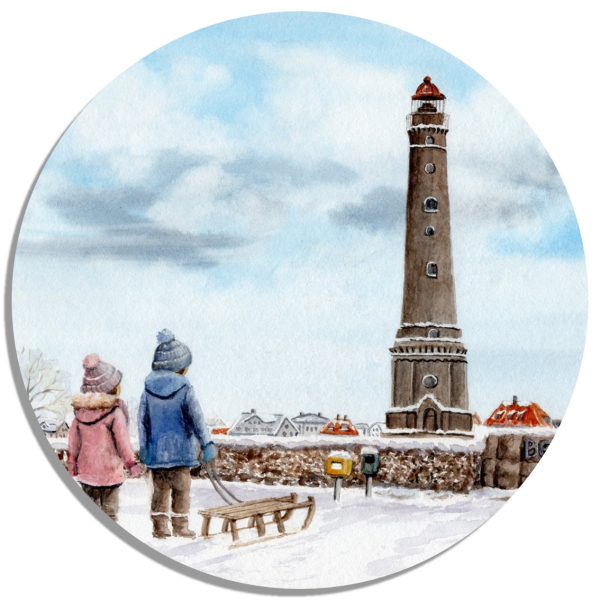 Untersetzer Glasuntersetzer rund 9,5 cm Aquarell Maritim Kunst Druck Kunstdruck Nordsee Insel Borkum Neuer Leuchtturm Strand Meer Dünen