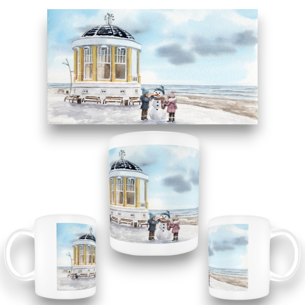 Tasse Becher Kaffeebecher Aquarell Maritim Kunst Druck Kunstdruck Nordsee Pavillon Musikpavillon Insel Borkum Meer Strand