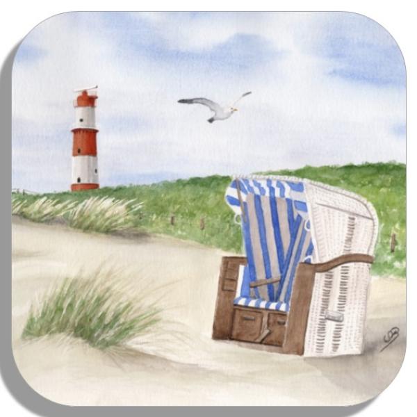 Coasters glass coasters 9,5 x  9,5 cm Watercolor Maritime Art Print North Sea Island Borkum Beach Chair Lighthouse Ocean Dunes