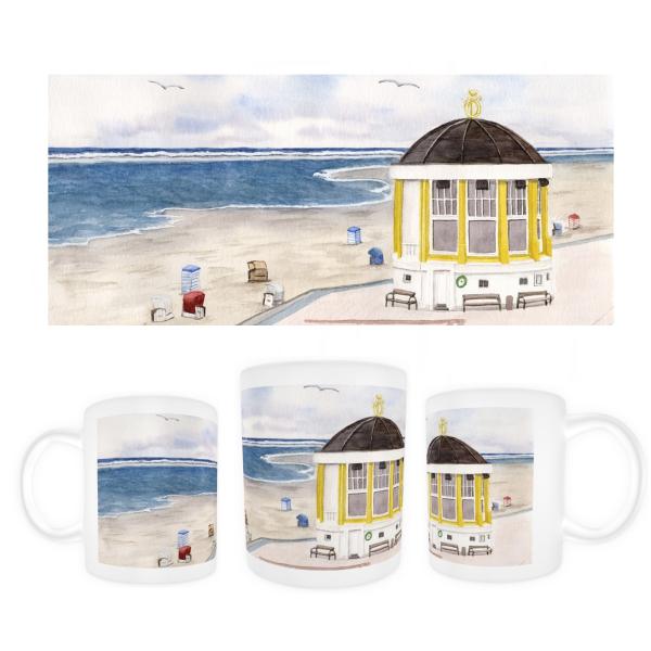 Tasse Becher Kaffeebecher Aquarell Maritim Kunst Druck Kunstdruck Nordsee Pavillon Musikpavillon Insel Borkum Meer Strand
