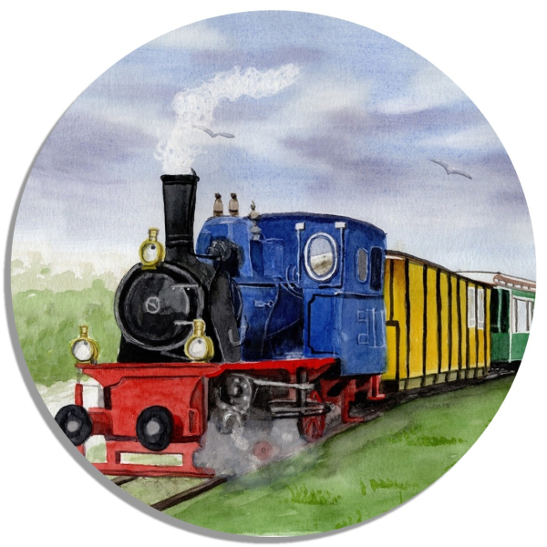 Untersetzer Glasuntersetzer rund 9,5 cm Aquarell Maritim Kunst Druck Kunstdruck Nordsee Kleinbahn Inselbahn Bahn Zug Insel Borkum