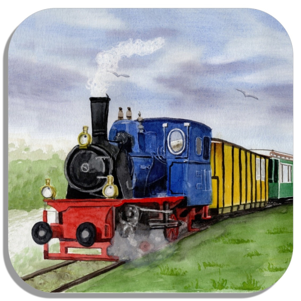 Coasters glass coasters 9,5 x  9,5 cm Watercolor Maritime Art Print North Sea Island Borkum train railway