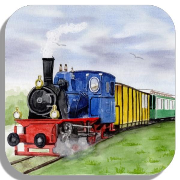 Untersetzer Glasuntersetzer 9,5 x 9,5 cm Aquarell Maritim Kunst Druck Kunstdruck Nordsee Kleinbahn Inselbahn Bahn Zug Insel Borkum