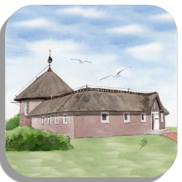 Untersetzer Glasuntersetzer 9,5 x 9,5 cm  Aquarell Maritim Kunst Druck Kunstdruck Nordsee Insel Baltrum Kirche