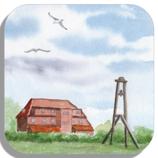 Untersetzer Glasuntersetzer 9,5 x 9,5 cm  Aquarell Maritim Kunst Druck Kunstdruck Nordsee Insel Baltrum Kirche Inselglocke