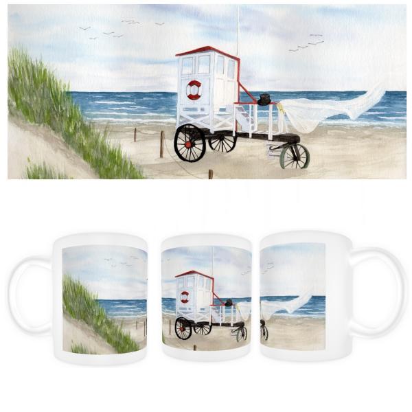 Tasse Becher Kaffeebecher Aquarell Maritim Kunst Druck Kunstdruck Nordsee Insel Baltrum Strand Dünen Meer Badeturm