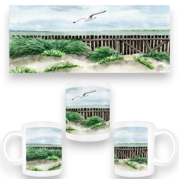 Tasse Becher Kaffeebecher Aquarell Maritim Kunst Druck Kunstdruck Nordsee Insel Baltrum Strand Dünen Meer