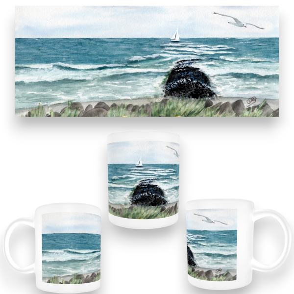 Tasse Becher Kaffeebecher Aquarell Maritim Kunst Druck Kunstdruck Nordsee Insel Baltrum Strand Dünen Meer